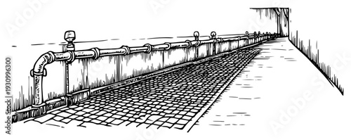 Hand drawn perspective sketch of a cobblestone walkway with a metal pipe railing