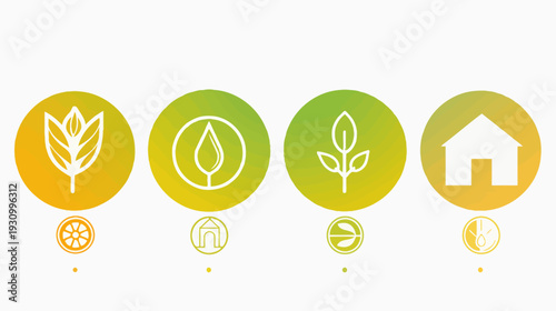 Four circular designs featuring line art icons; flowers, trees, leaves, and a house