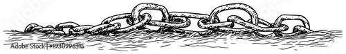 Detailed ink sketch of a heavy iron chain link lying on water surface