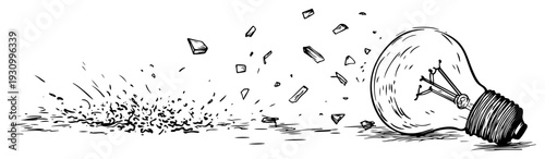 Shattered light bulb glass explosion and flying debris doodle sketch