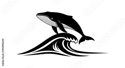 Black whale jumping out ocean wave.