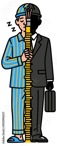 Duality of Person Split Between Business Suit and Sleepy Pajamas Vector, Employee Burnout Struggle and Remote Work Life Balance Concept, Modern Lifestyle Design Asset