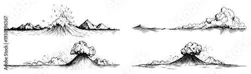 Set of four volcanic eruption sketches with smoke and mountains