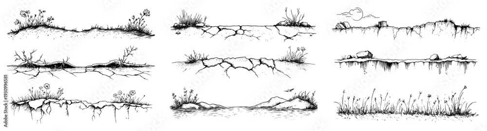 Obraz premium Collection of hand drawn architectural sketches showing terrain layers and ground textures