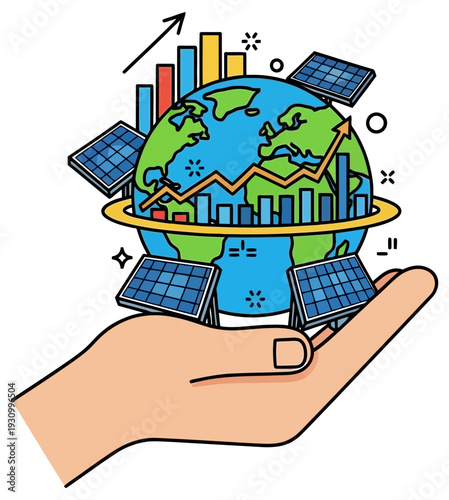 Hand Holding Globe Surrounded by Solar Panels and Growth Chart Sticker, Global Renewable Energy and Green Tech Economic Development, Flat Design Vector