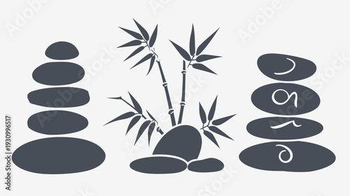 A serene black and white illustration of bamboo with stacked stones, and text "care" on one of the piles