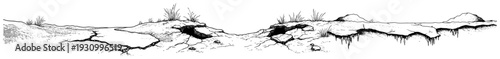 Panoramic architectural sketch of dry arid ground with deep surface cracks