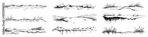Collection of hand drawn terrain sketches featuring water waves and cracked earth