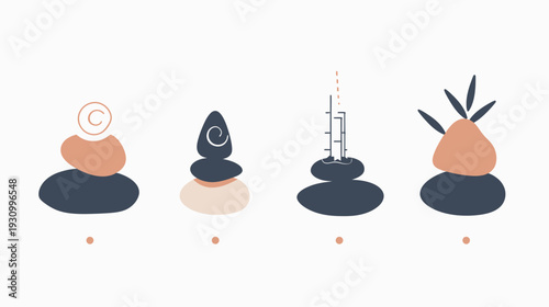 Stylized depictions of balanced rocks in various forms, incorporating elements such as spirals and lines