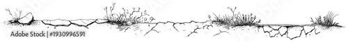 Hand drawn landscape sketch of cracked earth surface with sparse wild grass