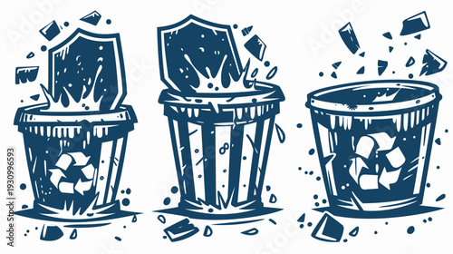 Three stylized, dark blue recycling bins with bursting shields, debris, and splash effects