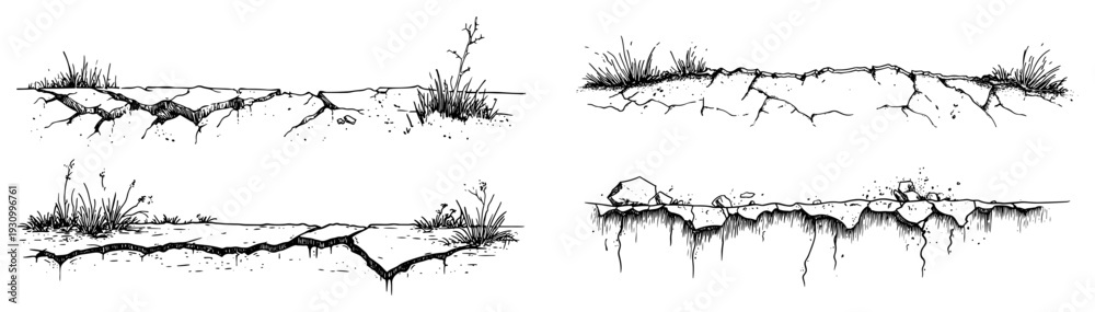 Fototapeta premium Set of hand drawn sketches showing cracked ground and broken earth surface with grass