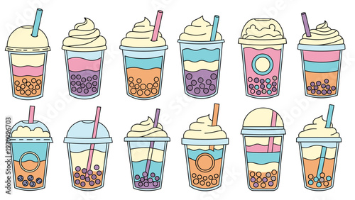 Large collection of colorful bubble tea and milkshake drinks with whipped cream and various toppings in clear plastic cups.