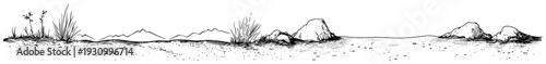 Wide panoramic sketch of a desert landscape with mountains and sparse vegetation