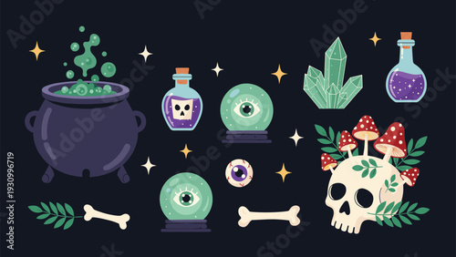 Magic witchcraft elements set with boiling cauldron crystal ball potions mushrooms skull and stars on dark background for Halloween.