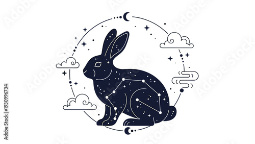 Celestial black rabbit silhouette with stars and constellation patterns surrounded by a moon and clouds on white background.