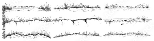 Set of multiple sketches showing mountain landscapes ground cracks and grassy dunes