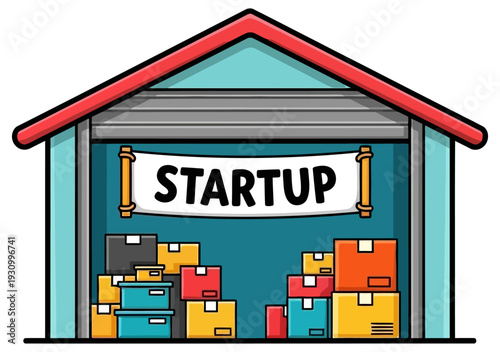 Garage with Startup Banner and Stacks of Colorful Boxes Vector, Small Business Entrepreneurship and E-commerce Launch Concept, Bright Retail Marketing Asset
