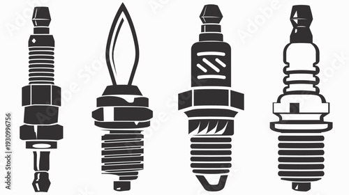 Monochrome illustration of four spark plugs, showcasing various designs and details in a graphic style