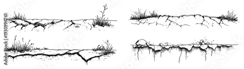 Set of hand drawn sketches showing cracked ground and broken earth surface with grass