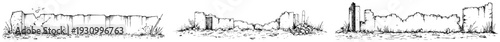 Collection of architectural sketches featuring ruined old stone walls and crumbling buildings