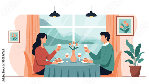 Romantic couple sitting at a dinner table by a large window with mountain view and enjoying food and wine together at home.