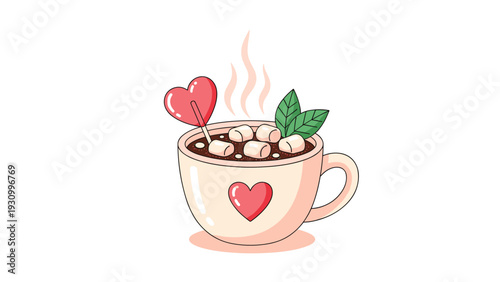 Cute cup of hot chocolate decorated with white marshmallows heart shaped lollipops and green leaves on white background.