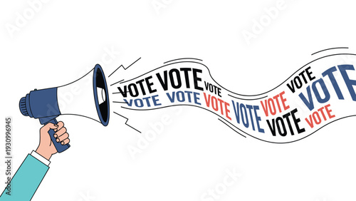 Hand holding a blue and white megaphone with the word VOTE streaming out in various colors for election and democracy.
