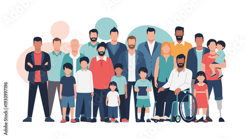 Diverse group of people of various ages and ethnicities including families and individuals with disabilities standing together as a community.