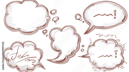 Hand-drawn illustrations of speech bubbles and thought balloons, brown outlines, grunge effect, on white