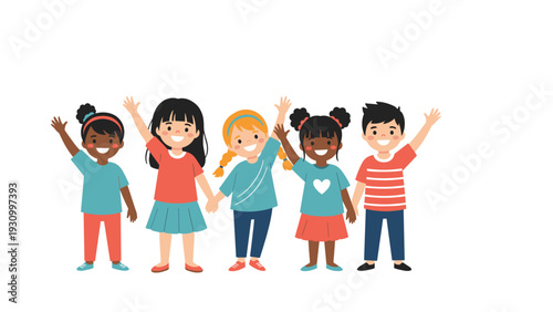Diverse group of happy children of various ethnicities holding hands and waving their arms while standing together on a white background.