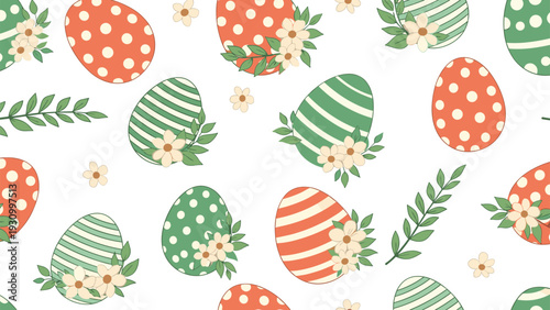 Colorful seamless pattern of decorated Easter eggs with dots and stripes surrounded by delicate white flowers and green spring leaves.