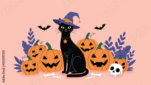 Black cat wearing a purple witch hat sitting among carved Halloween pumpkins, bats, a skull, and bones on a soft pink background.