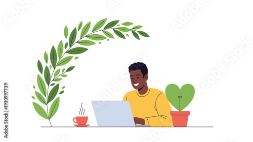 Smiling black man working on his laptop at a desk with a steaming cup of coffee and a green heart-shaped plant in a pot nearby.