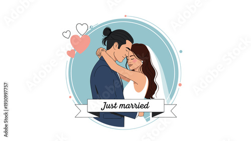 Romantic wedding couple hugging with their eyes closed inside a circular frame with hearts and a banner that says Just Married.