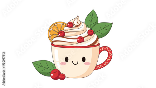 Adorable mug with a smiling face topped with whipped cream, an orange slice, red berries, and cocoa powder with green leaves.
