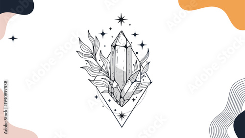 Elegant black and white line art illustration of several sharp crystals or gems surrounded by leaves, stars, and geometric lines.