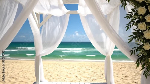 Wallpaper Mural White wedding arch with roses on sandy beach by ocean Torontodigital.ca