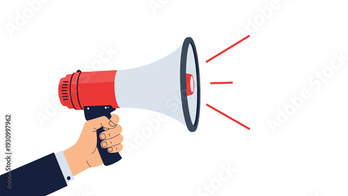Hand in a business suit holding a red and white megaphone with sound lines indicating an announcement or loud message.