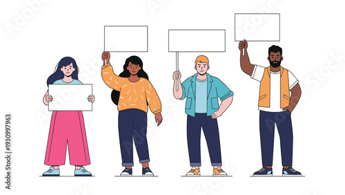Four diverse people of different ethnicities and genders standing and holding up blank white protest signs for messages or text.