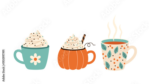 Three different mugs with autumn drinks including hot chocolate with cream and a mug with steam and leaf patterns.