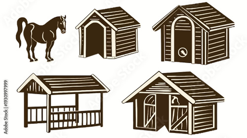 A drawing of a horse next to several wooden structures, with a white background