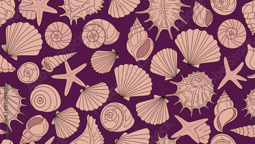 Detailed seamless pattern of various types of sea shells and starfish in a beige color on a deep purple background for fabric print.