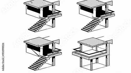 Four sketches of geometric buildings with varying elevations, staircases, and open spaces