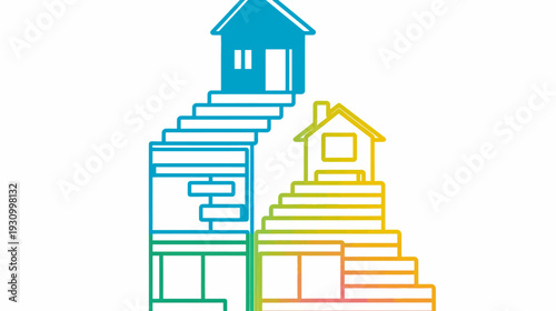 Colorful illustrated houses atop steps. Gradient colors outline the architectural structure against white