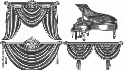 Vintage-style illustration of a grand piano and decorative elements with curtains