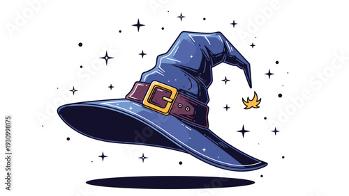 Mystical blue wizard hat decorated with a golden buckle and leather strap floats in a starry sky filled with magical sparkles and stars.
