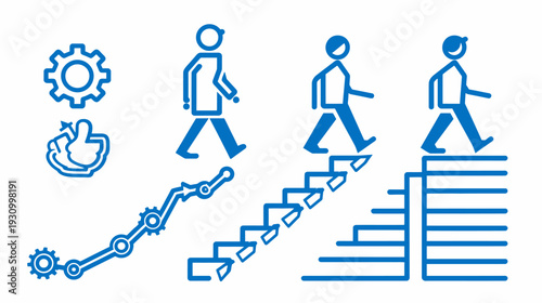 Blue icon set depicting progress with gear, thumbs-up, walking figures and rising steps