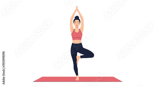 Fit woman in sportswear performs the tree pose during a yoga session on a pink mat against a clean white background for wellness.