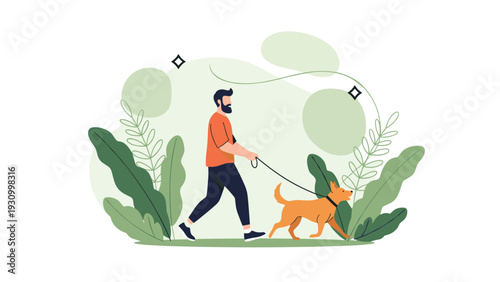 Bearded man in an orange shirt walks his brown dog on a leash through a stylized park filled with green leaves and abstract shapes.